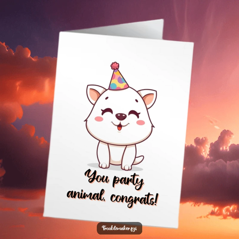 Funny Free Printable Congratulations Card: Animal wears a party hat, a hilarious downloadable gift.