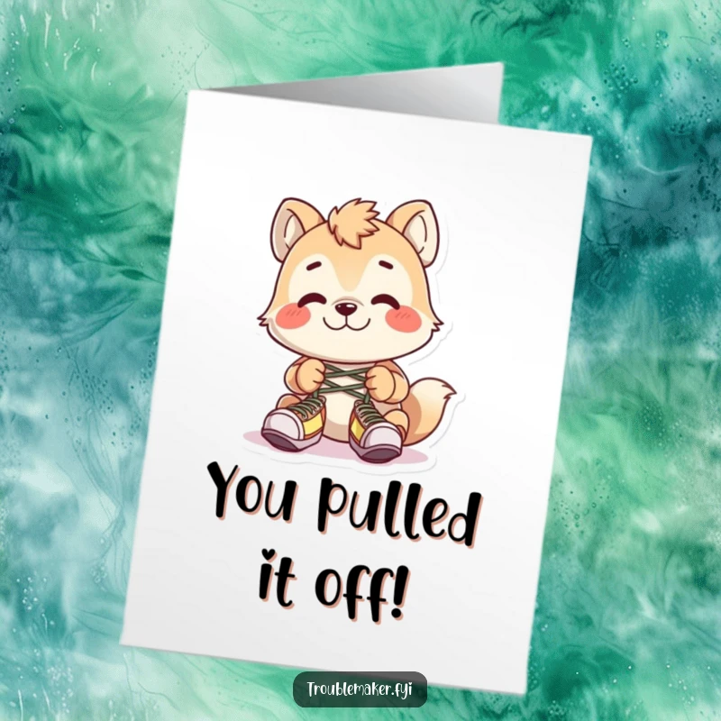 Funny Free Printable Congrats Card: Grinning troublemaker animal tying shoelaces together, celebrating a funny victory.