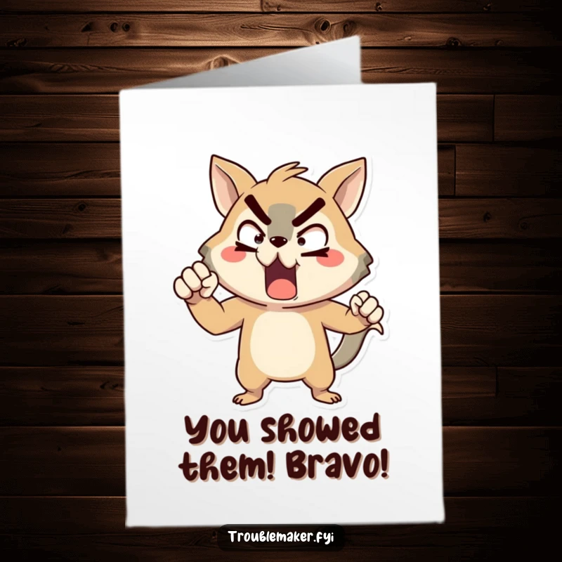 Funny Free Printable Congratulations Card: An animal character in a comical, exaggerated pose of mock defiance, cheering on their achievement.