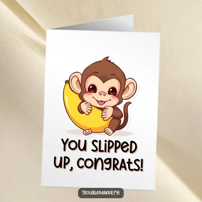 Funny free printable congratulations card with a mischievous monkey hiding behind a banana peel, celebrating a clever win, a humorous downloadable art.
