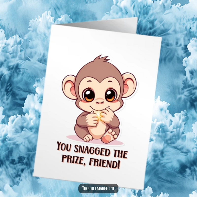 Funny Free Printable Congratulations Card: Monkey with sparkling eyes concealing a shiny object, a delightful downloadable gift.