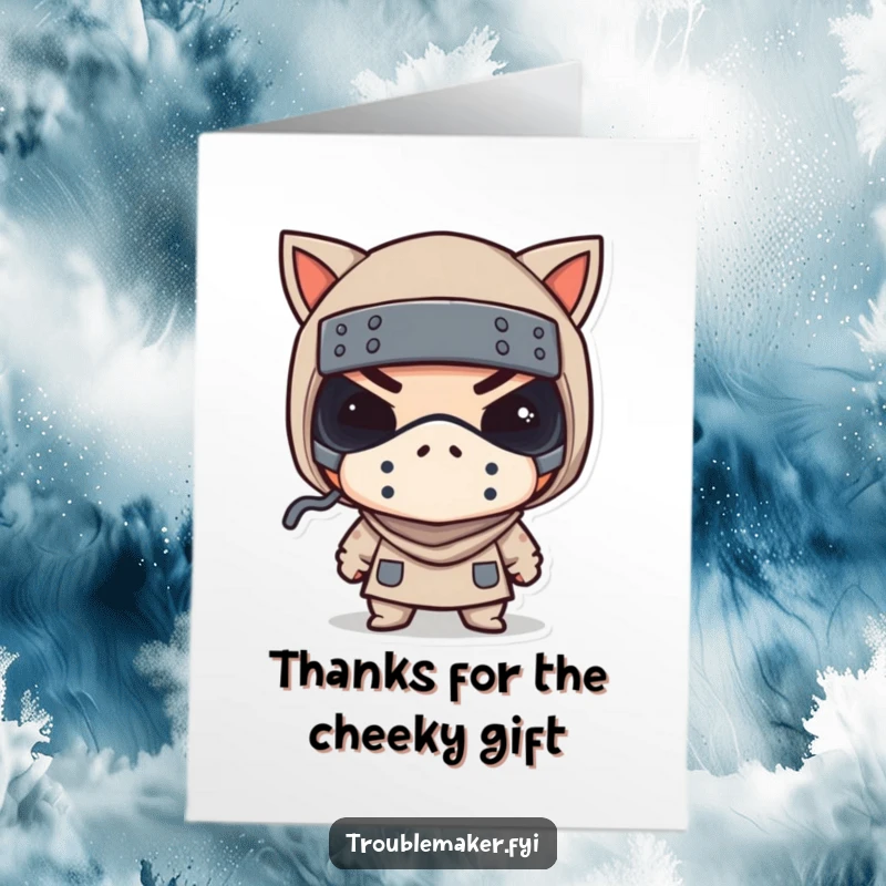 Funny Free Printable Thank You Card: A troublemaker wearing a tiny bandit mask winks cheekily.