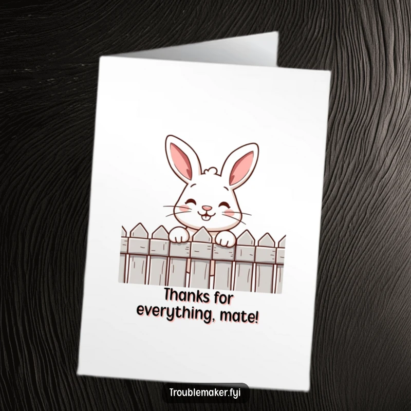 Funny Free Printable Thank You Card: Cheeky rabbit with a sly grin peeking over a fence, expressing heartfelt thanks humorously.
