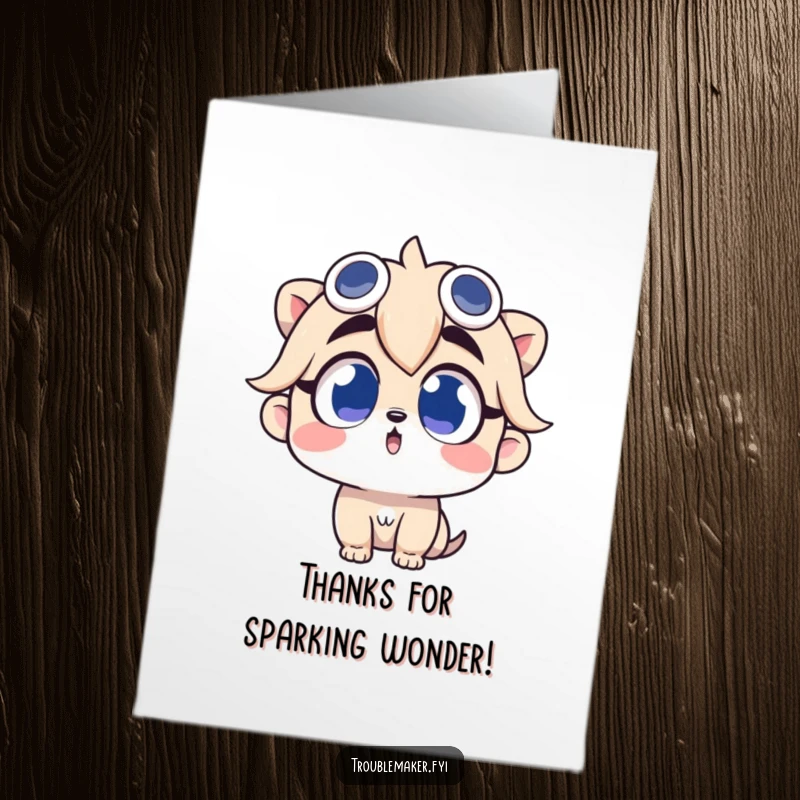 Funny Free Printable Thank You Card of a troublemaker character looking up with wide, curious eyes, expressing wonder and thanks.