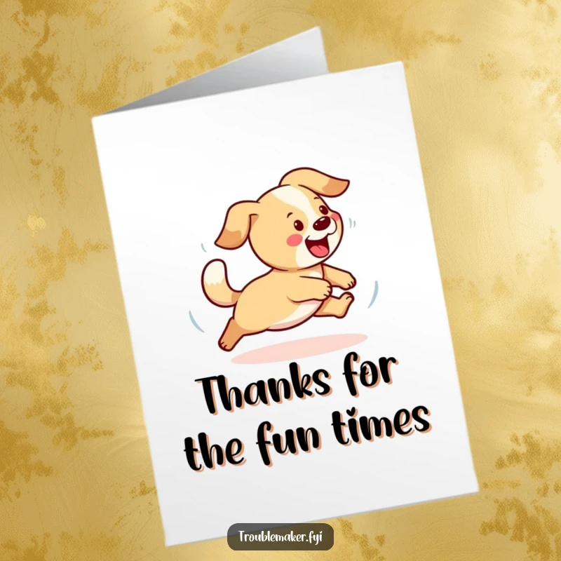 Funny Free Printable Thank You Card: Happy dog comically chasing its own wagging tail in a dizzying circle.