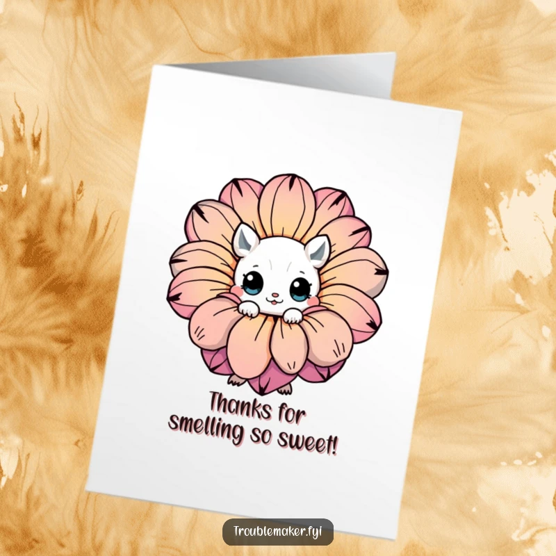 Funny Free Printable Thank You Card: Creature with expressive eyes peeking shyly from behind a lush, colorful flower, offering thanks.