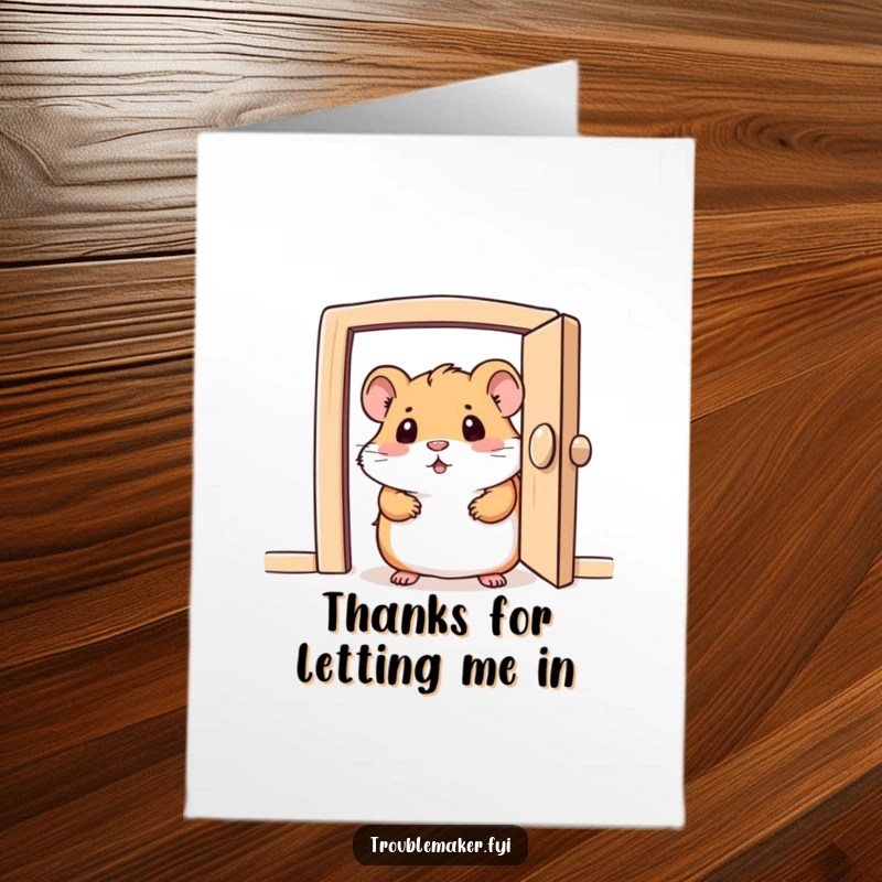 Funny Free Printable Thank You Card: A curious hamster peeking from a tiny door, offering a sweet and humorous thank you.