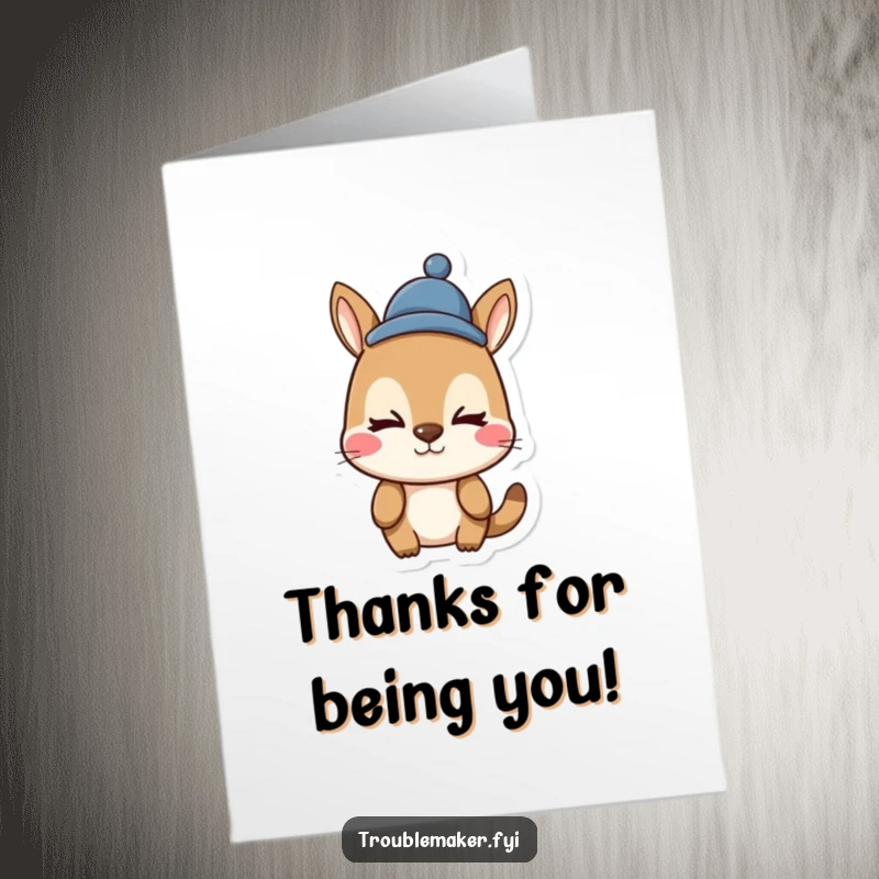 Funny Free Printable Thank You Card: A cartoon animal with a funny hat and a playful, silly expression, conveying thanks with humor.