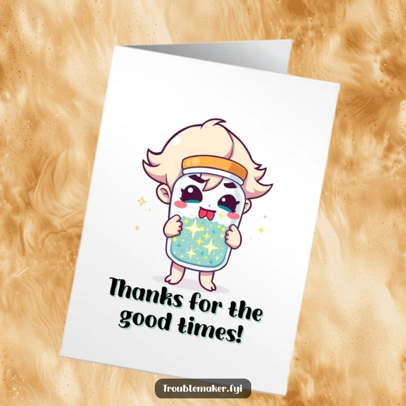 Funny Free Printable Thank You Card: Troublemaker character holding a jar filled with sparkling mischief, expressing thanks with a twinkle, downloadable art.