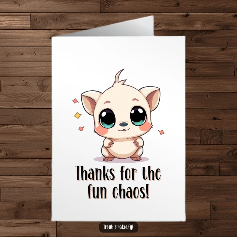 Funny free printable thank you card: A small creature with wide, inquisitive eyes, looking innocently at mild chaos it caused.
