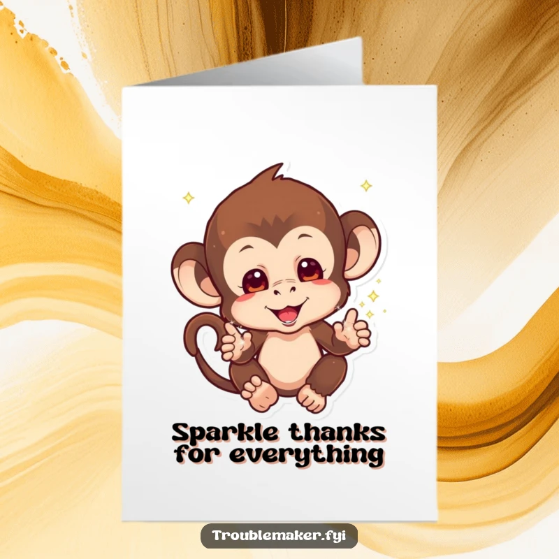 Funny Free Printable Thank You Card: a monkey scattering sparkles from its hands, expressing thanks with an effervescent, humorous charm. Downloadable.