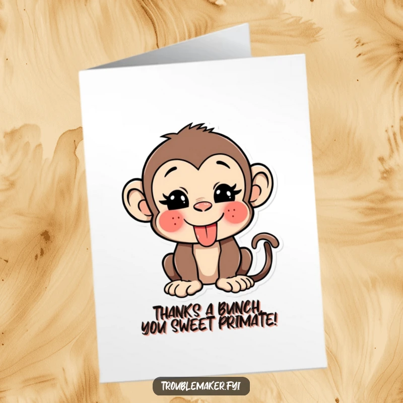 Funny Free Printable Thank You Card: Adorable monkey sticking tongue out, playfully winking.