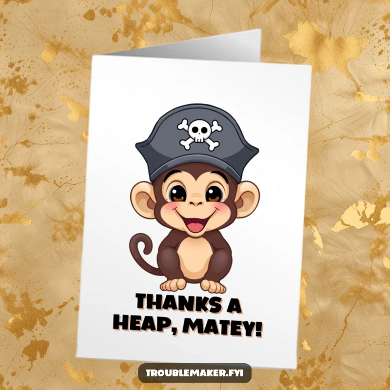 Funny Free Printable Thank You Card with a mischievous monkey wearing a pirate hat, expressing gratitude.