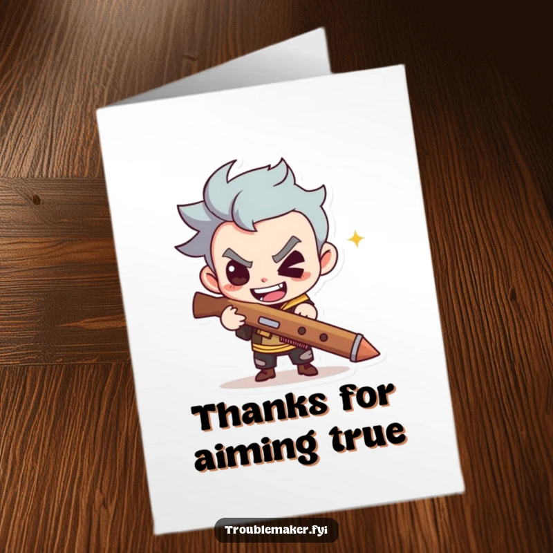 Funny Free Printable Thank You Card: Cute character with a mischievous grin aims a slingshot playfully.