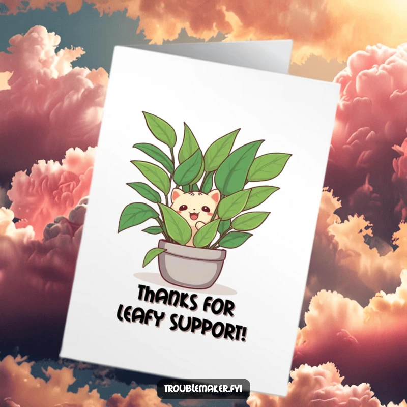 Funny Free Printable Thank You Card: Creature peeking playfully from behind a large houseplant, offering thanks with a hidden, sweet gesture.