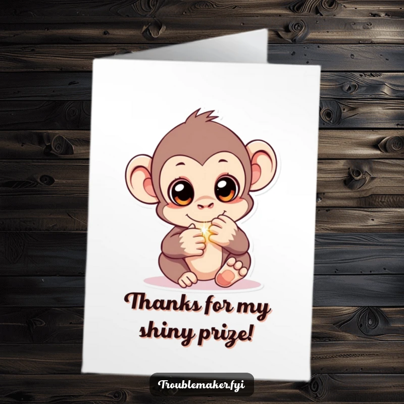 Funny Free Printable Thank You Card: Monkey with gleaming eyes hiding a shiny object, a perfect DIY thank you.