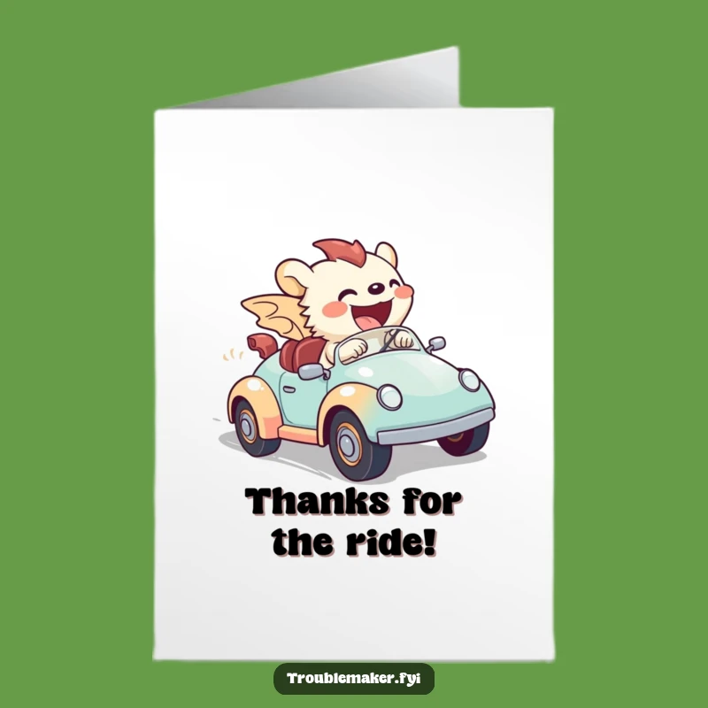 Free Printable Thank You Card: Creature Speeding Toy Car, Hilarious Downloadable Gratitude Gift