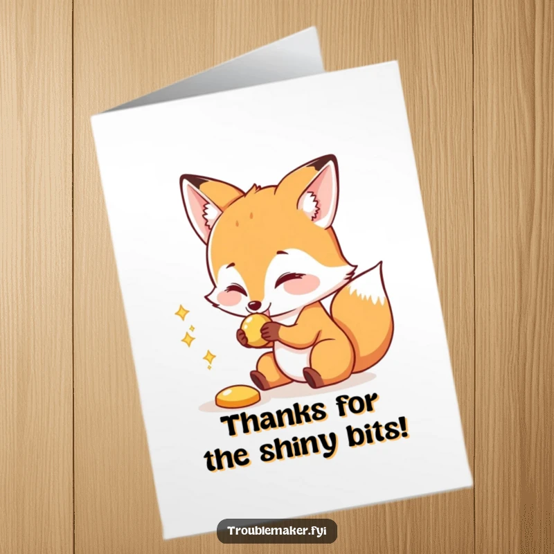 Funny Free Printable Thank You Card: A sly fox playfully snatches a shiny bauble, signifying gratitude with humor.