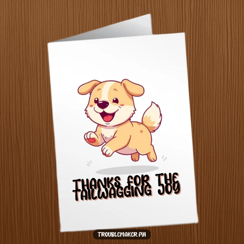 Funny Free Printable Thank You Card: A dog expresses gratitude with a happy tail-chasing dance.