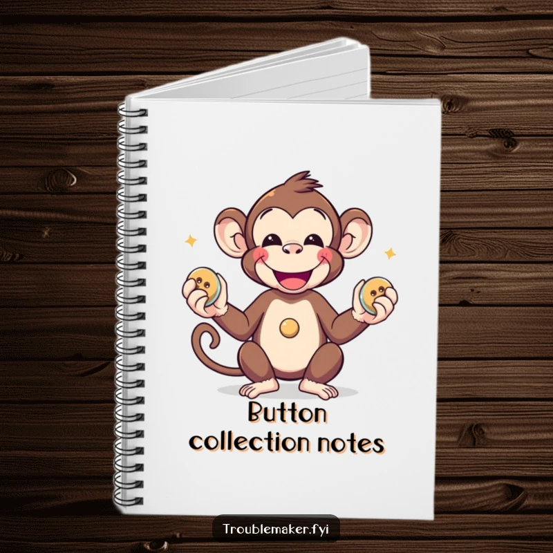 Funny monkey juggling shiny buttons on the cover of a lined notebook for jotting down ideas.
