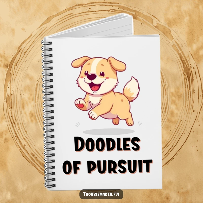 Funny notebook cover with a dog joyfully chasing its tail, perfect for jotting down ideas with canine charm and humor.