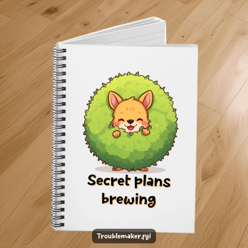 Funny mischievous animal character hiding behind a large, smiling bush, adorning a lined notebook for writing.