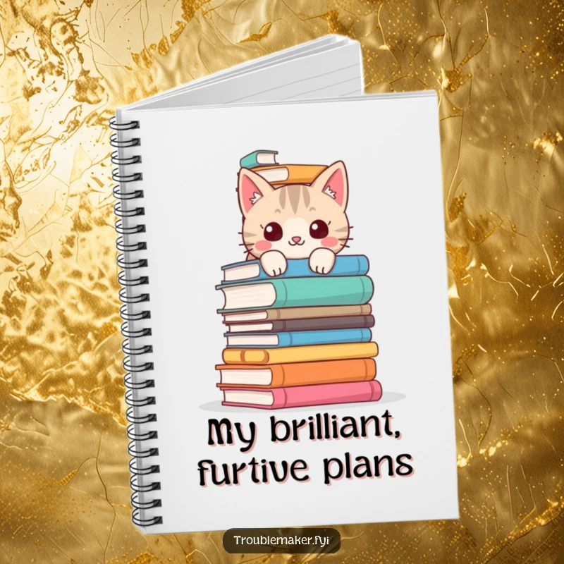 Funny cat notebook featuring a mischievous cat peeking over a stack of books, perfect for jotting down notes with literary humor.