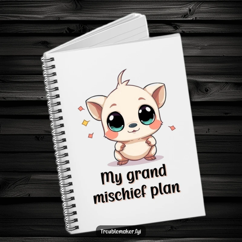 Funny notebook with a small creature with wide, curious eyes causing mild chaos, ideal for jotting down notes with a humorous and inquisitive touch.