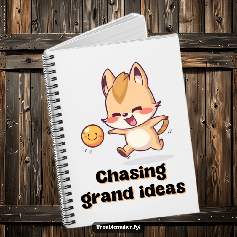 Funny Notebook cover featuring a trouble maker animal character playfully chasing a smiling, bouncing ball, encouraging active thinking.