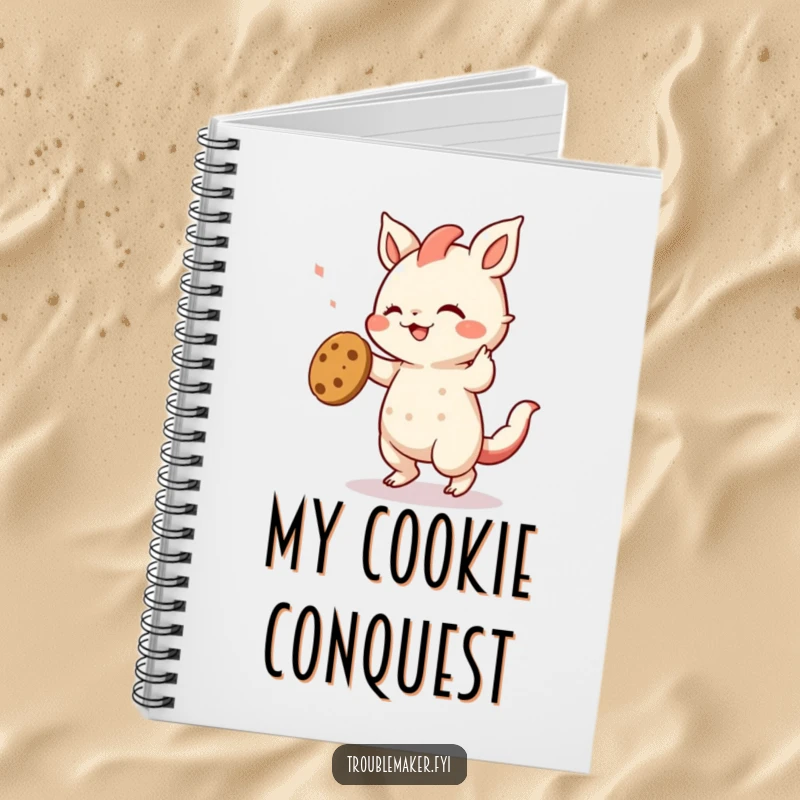 Funny notebook cover shows a creature dancing with a cookie, a humorous design for jotting down sweet thoughts and ideas.