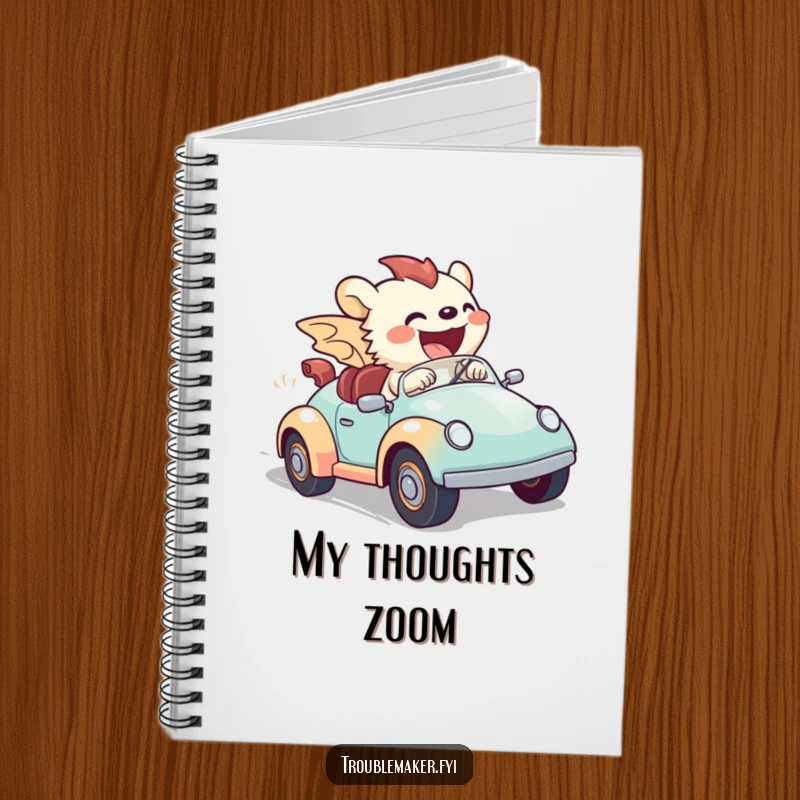 Funny notebook cover shows a creature riding a toy car too fast, a humorous illustration of rapid thought and energetic ideas.