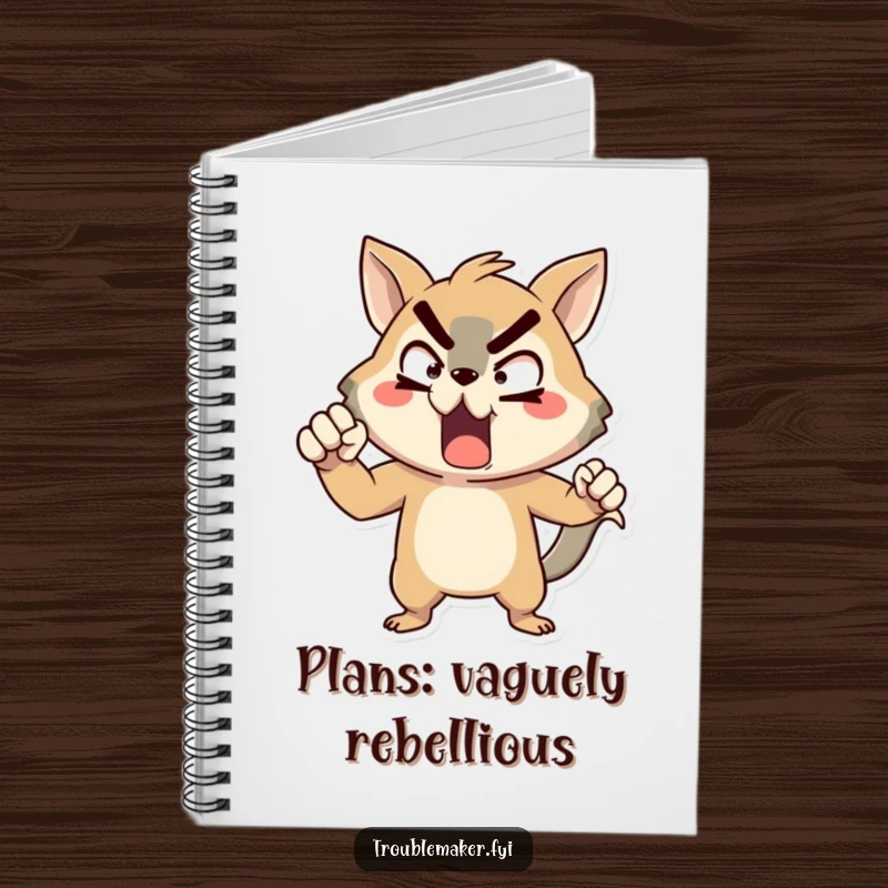 Funny animal character notebook, striking an exaggerated pose of mock defiance, ideal for jotting down bold ideas.