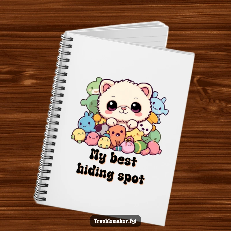 Funny notebook with a fuzzy creature peeking out from a pile of toys, ideal for jotting down notes with a cute and humorous hidden element.