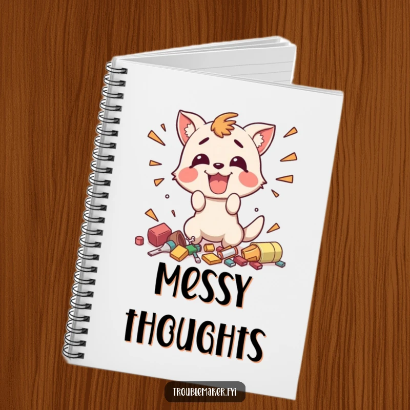 Funny notebook cover with a happy animal character enthusiastically making small, chaotic messes, inspiring creative and funny note-taking.