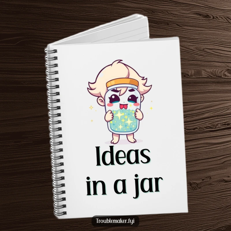Funny Notebook with a troublemaker character holding a jar of sparkling mischief, ready to capture your most brilliant and playful ideas.