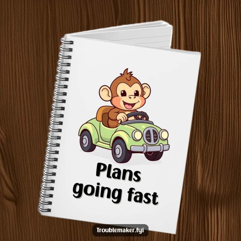 Funny notebook cover with a monkey character joyfully riding a runaway toy car, inspiring notes on adventures and exciting journeys.