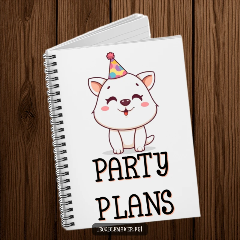 Funny notebook cover with a mischievous animal character wearing a tiny, crooked party hat, inspiring creative and funny note-taking.