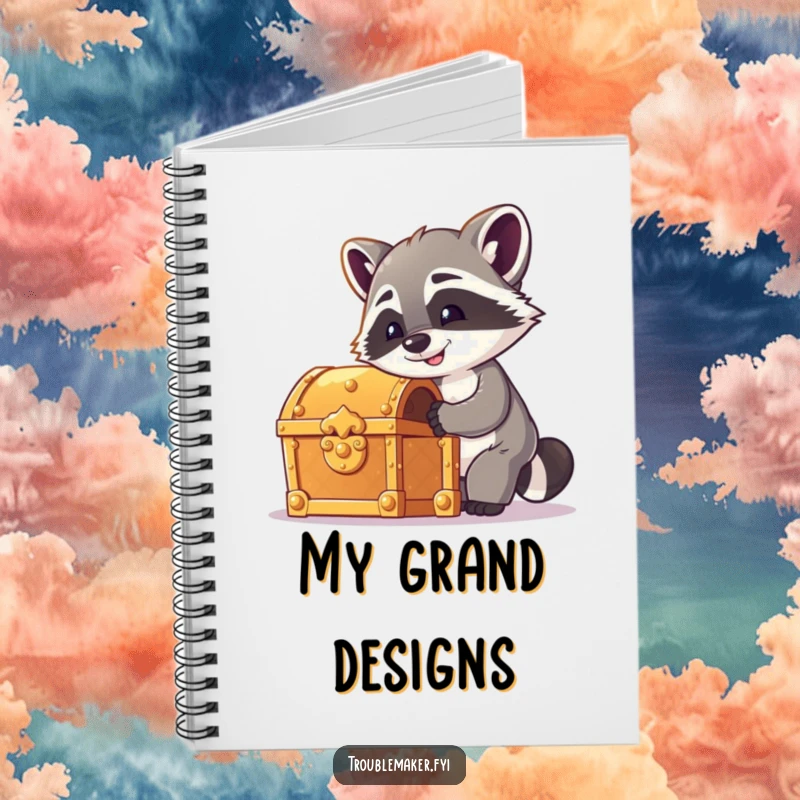 Funny raccoon notebook featuring a cheeky raccoon picking a treasure chest lock, perfect for jotting down notes with adventurous humor.