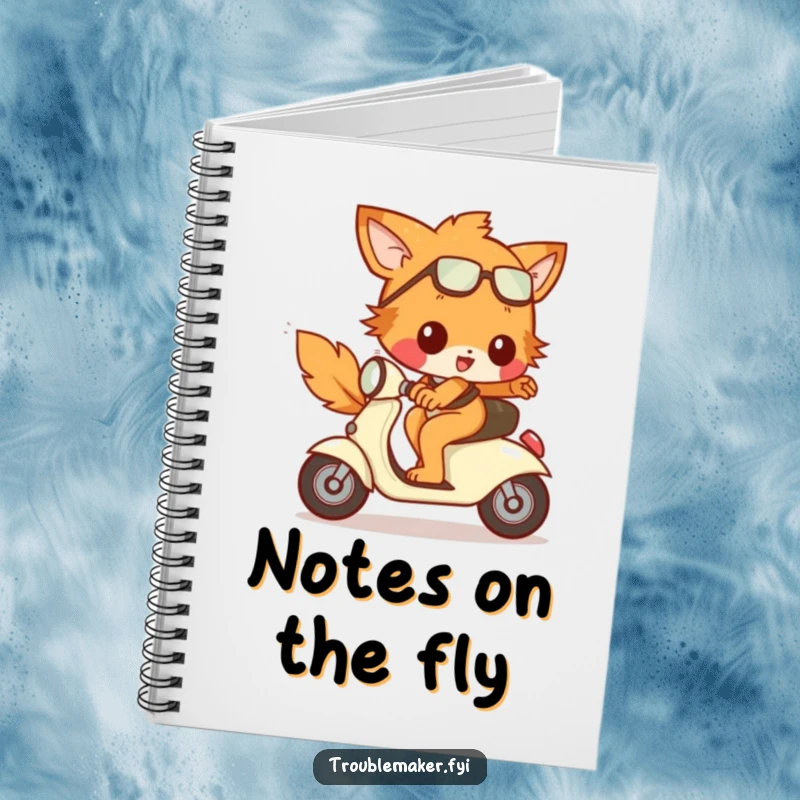 Funny Notebook cover featuring a trouble maker animal character happily riding a tiny, runaway scooter, encouraging fast thinking.