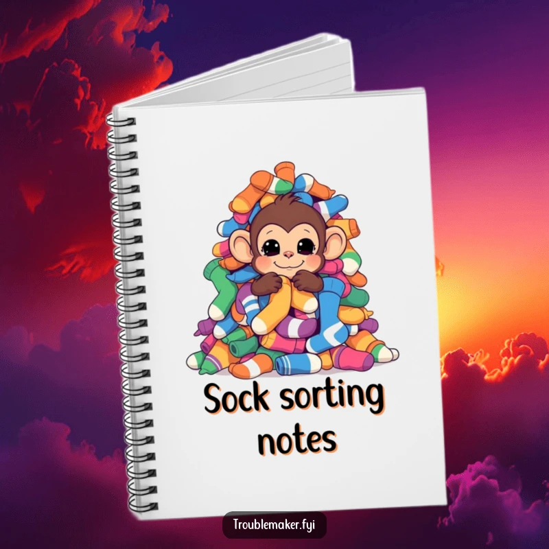 Funny monkey hiding behind colorful socks on the cover of a lined notebook.