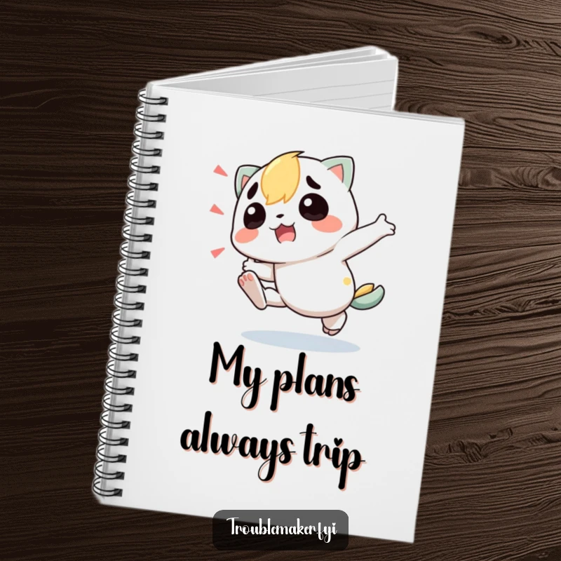 Funny Notebook with a troublemaker character hilariously tripping, ready to capture brilliant ideas and silly notes.