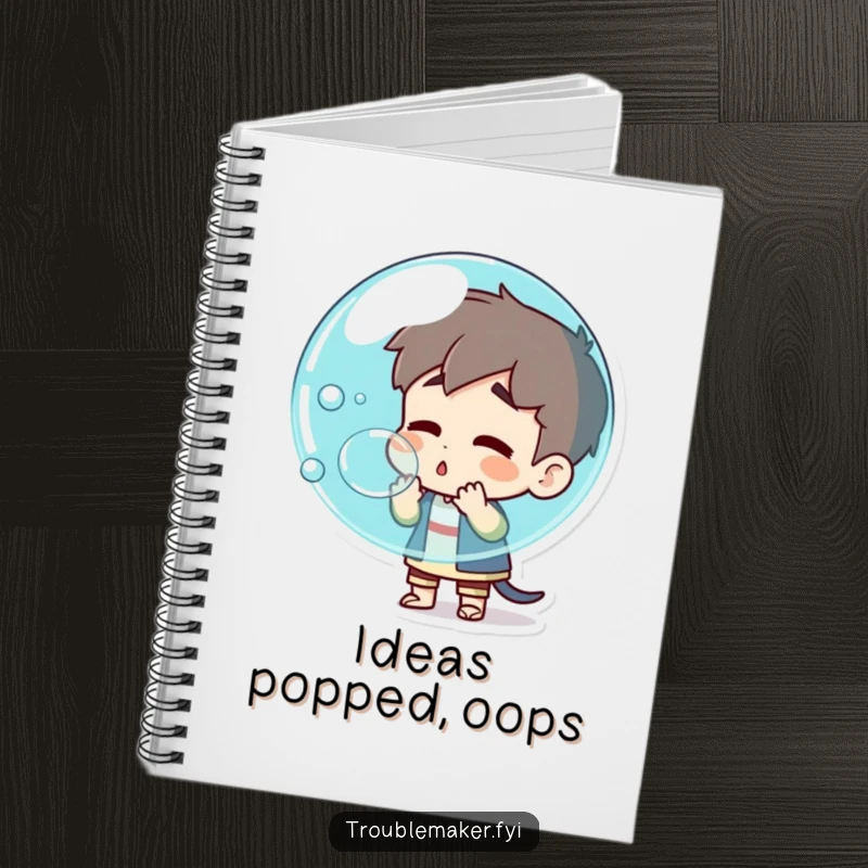 Funny troublemaker character blowing a giant bubble that's about to pop on a notebook cover, inspiring humorous note-taking and idea generation.