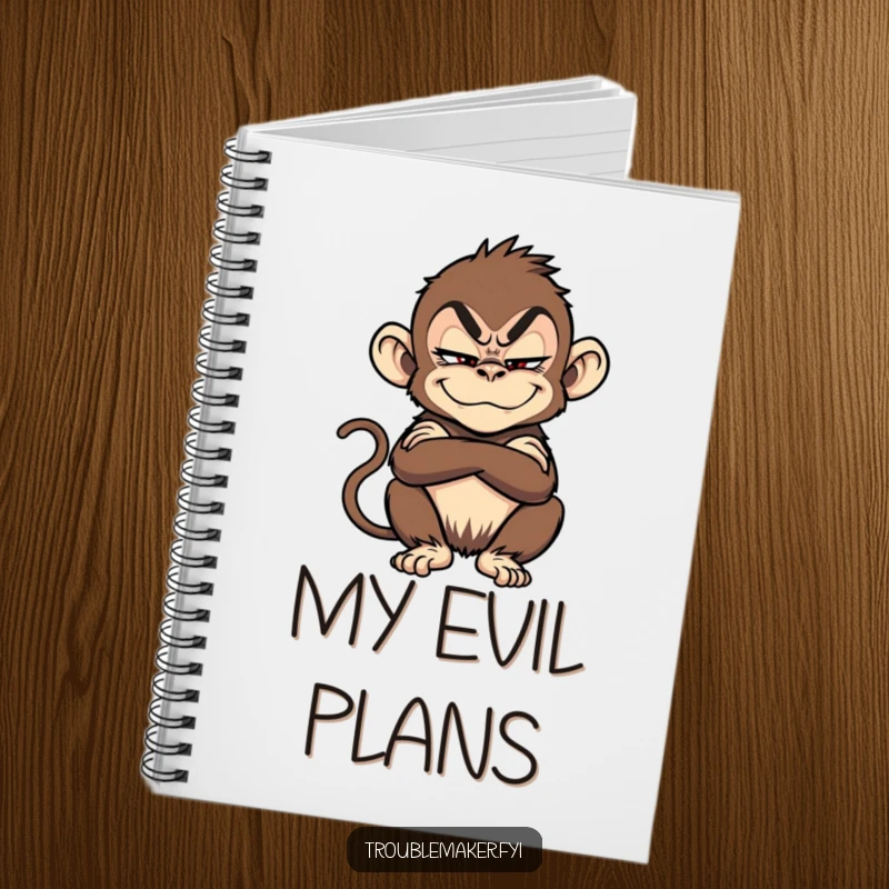 Funny monkey with a sly grin and crossed arms, looking like a troublemaker, on a lined notebook.