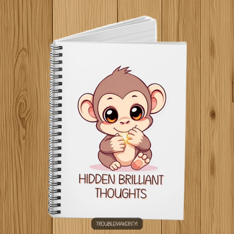Funny notebook cover with a monkey character with sparkling eyes, hiding a shiny object, inspiring notes on discoveries and secrets.