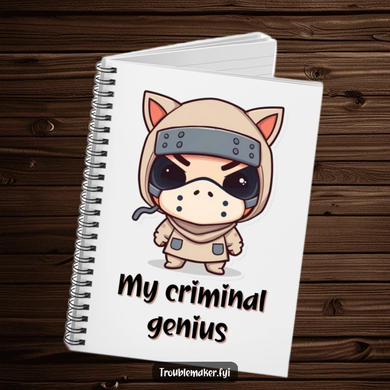 Funny notebook features a troublemaker in a tiny bandit mask winking, ideal for jotting down playful thoughts and secrets.