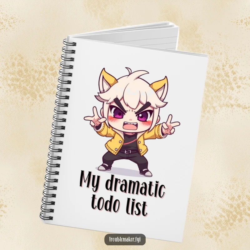 Funny troublemaker character striking a dramatic, over-the-top pose on a notebook, inspiring bold ideas and playful note-taking.