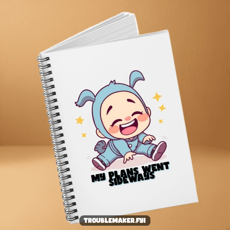 Funny troublemaker character tripping with a silly grin on a notebook cover, inspiring humorous note-taking and journaling about life's ups and downs.