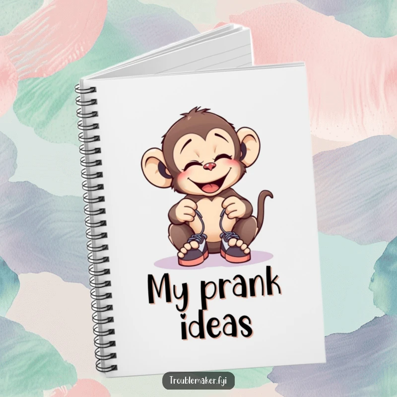 Funny notebook with a giggling monkey tying tiny shoelaces together, perfect for jotting down prank ideas and funny notes.
