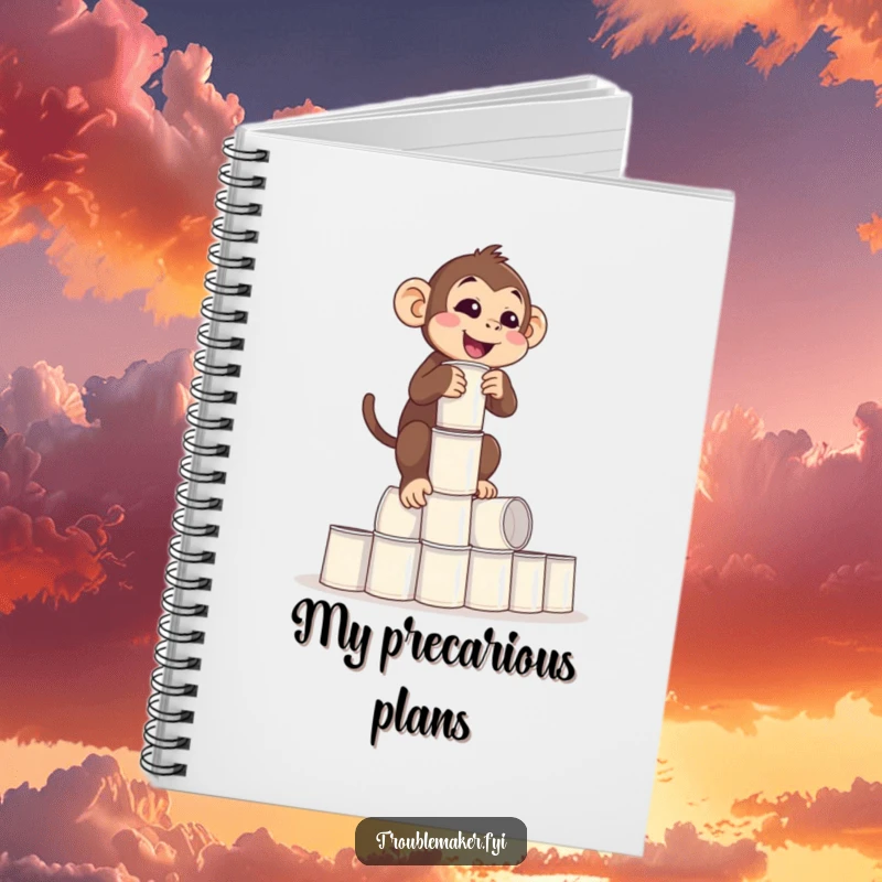 Funny Balance Monkey Notebook with a monkey impossibly balancing empty cups, ready for notes on life's juggling, perfect funny gift.