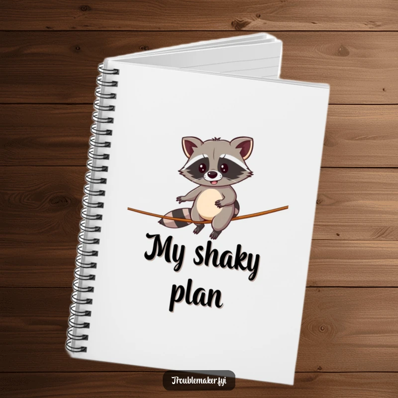 Funny notebook featuring a raccoon attempting a comical tightrope walk, ideal for jotting down balanced thoughts.